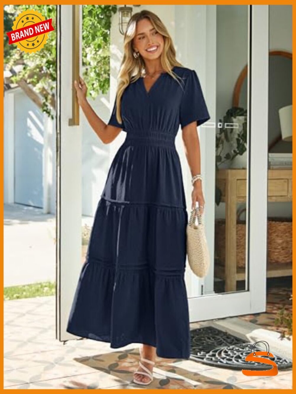 Summer Maxi Dress V-Neck Short Sleeve Elastic Waist Flowy Beach Long Dresses - Picture 4 of 7